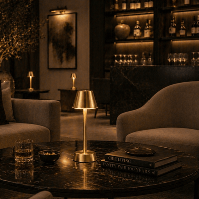 Modern interior with a brass rechargeable table lamp, books, and a glass on a dark marble table.