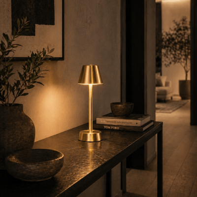 Brass rechargeable cordless table lamp on a dark surface with a blurred indoor setting