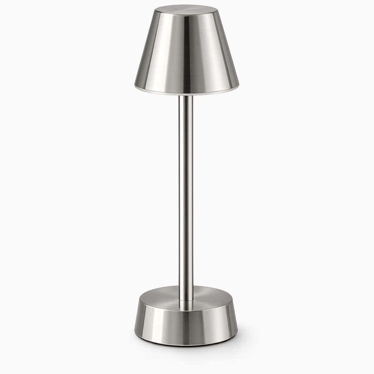 Silver cordless table lamp on a white background
