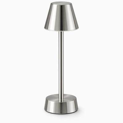 Silver cordless table lamp on a white background