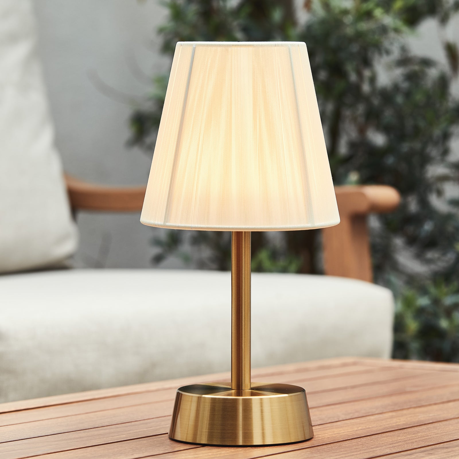 Sofia Fabric Cordless Table Lamp, Brass, Ivory Cotton Shade