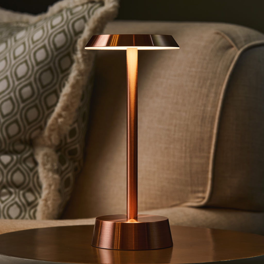 Sofia Flat Cordless Table Lamp, Copper Rechargeable Battery Powered Table Lamps Insight Cordless Lighting