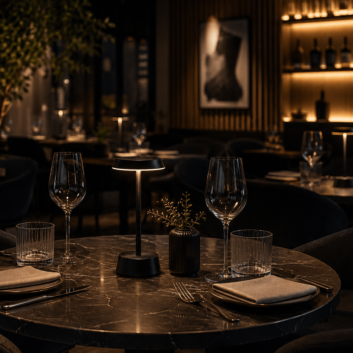Dining table setting with wine glasses, rechargeable table lamp, cutlery, and a small plant in a dimly lit restaurant.