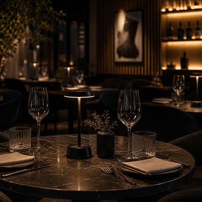 Dining table setting with wine glasses, rechargeable table lamp, cutlery, and a small plant in a dimly lit restaurant.