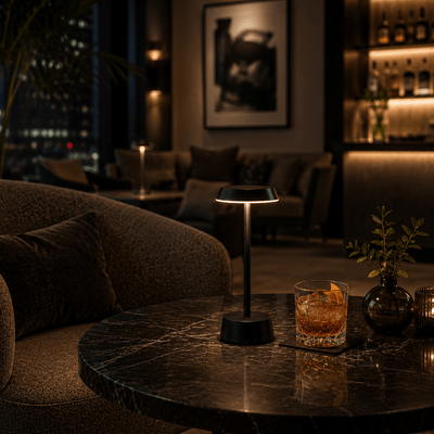 Dark, cozy bar setting with a cocktail and a Black rechargeable lamp on a marble table