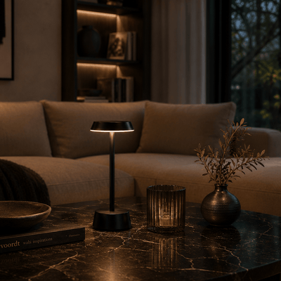 Modern living room with a marble coffee table, rechargeable lamp, and decorative items.