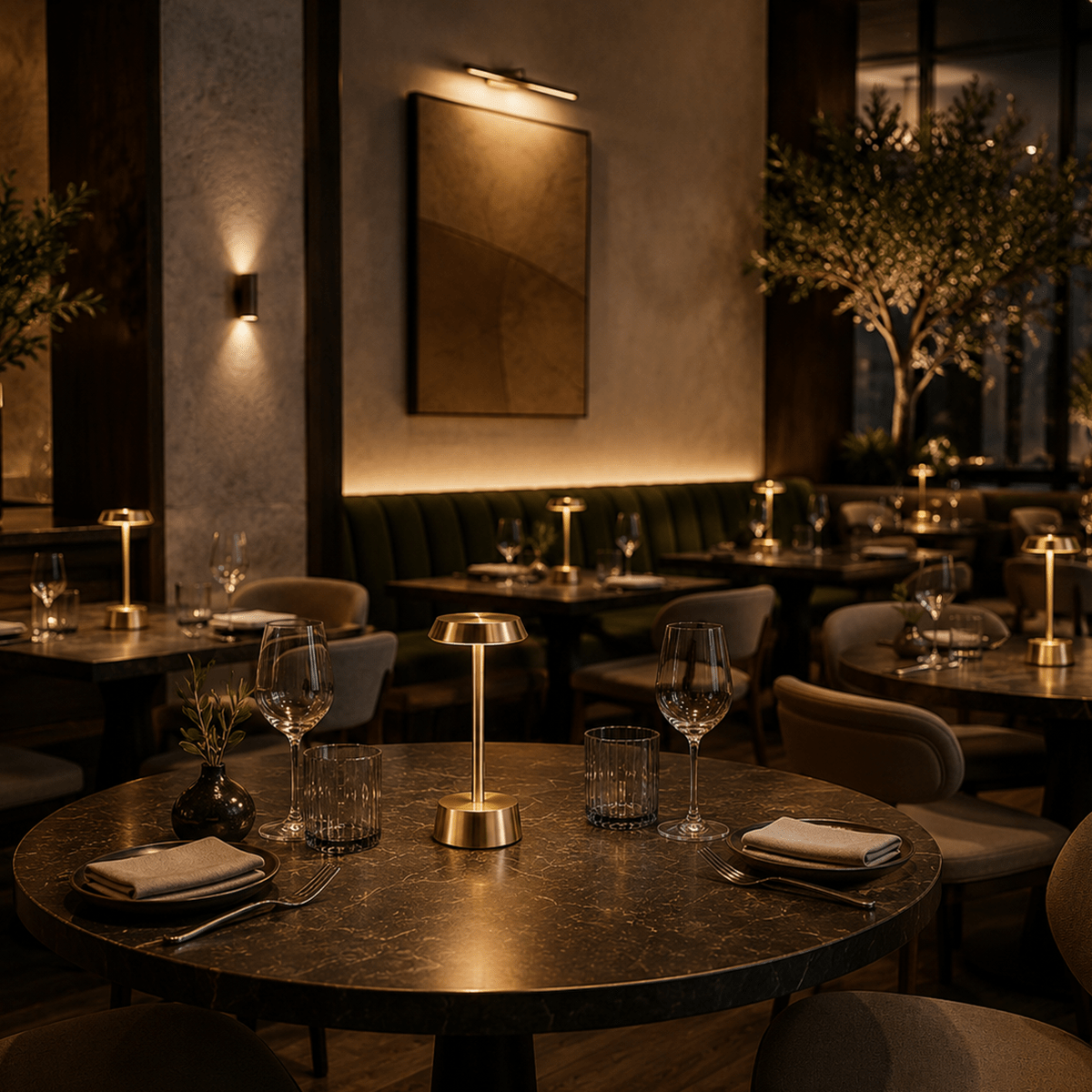 Dining area with round tables, chairs, Brass rechargeable table lamps and decorative elements in a dimly lit restaurant.