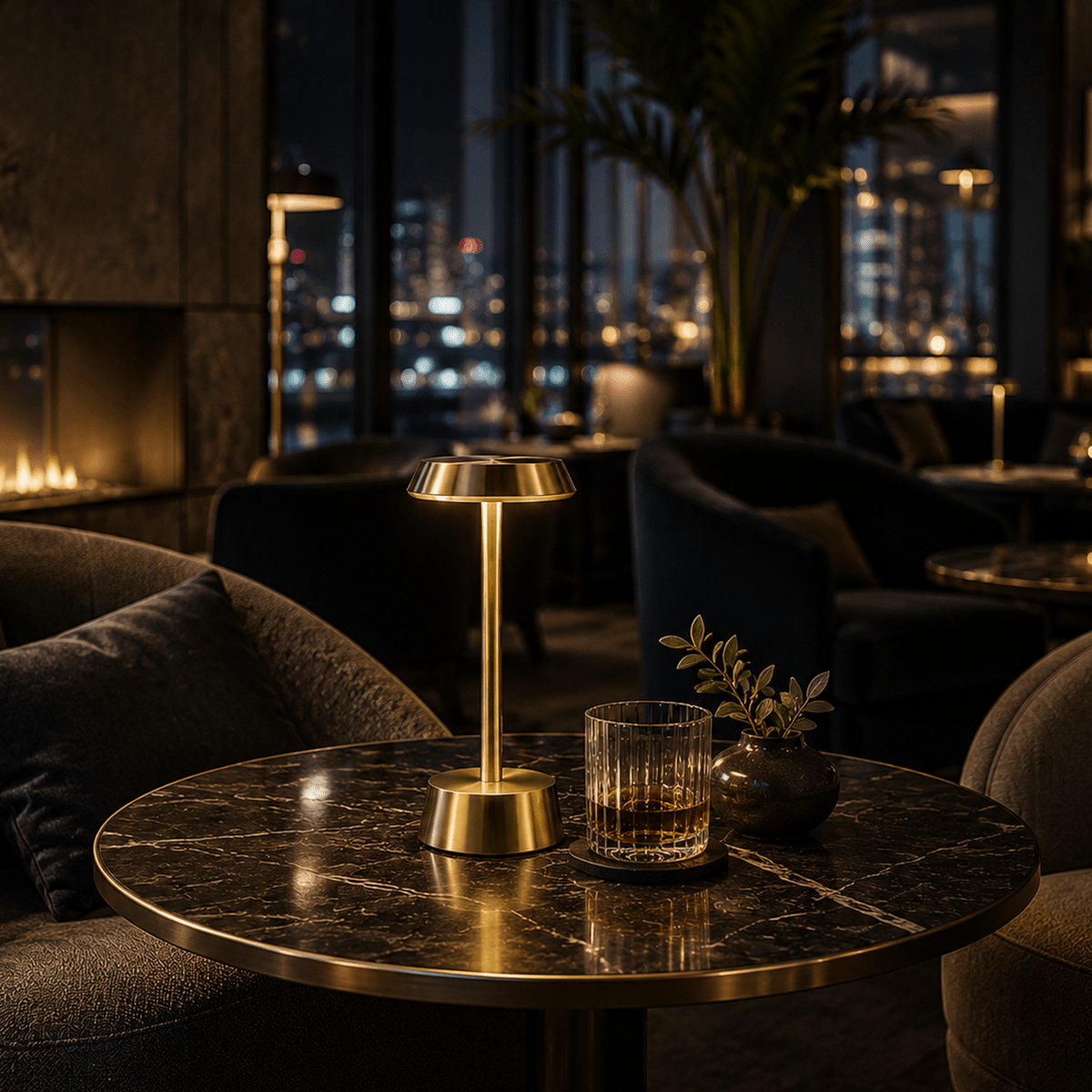 Round marble table with a glass of whiskey, a rechargeable table lamp and a small plant in a dimly lit room with cityscape view.