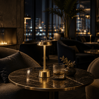 Round marble table with a glass of whiskey, a rechargeable table lamp and a small plant in a dimly lit room with cityscape view.