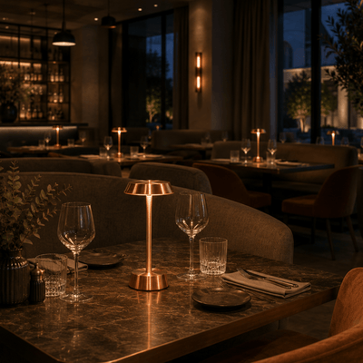 Dining table set with wine glasses, a rechargeable lamp, and cutlery in a dimly lit restaurant.