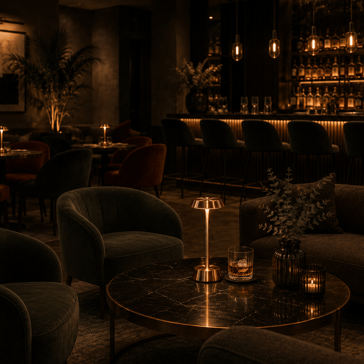 Dark and cozy lounge area with rechargeable lighting, chairs, and a bar in the background.