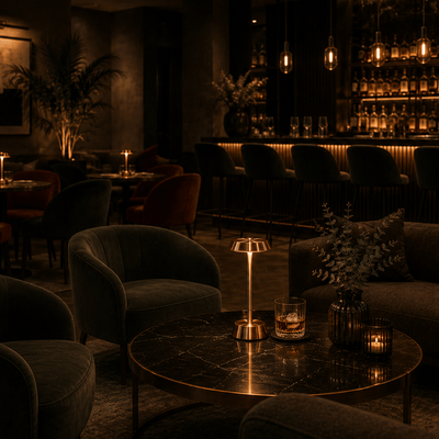 Dark and cozy lounge area with rechargeable lighting, chairs, and a bar in the background.