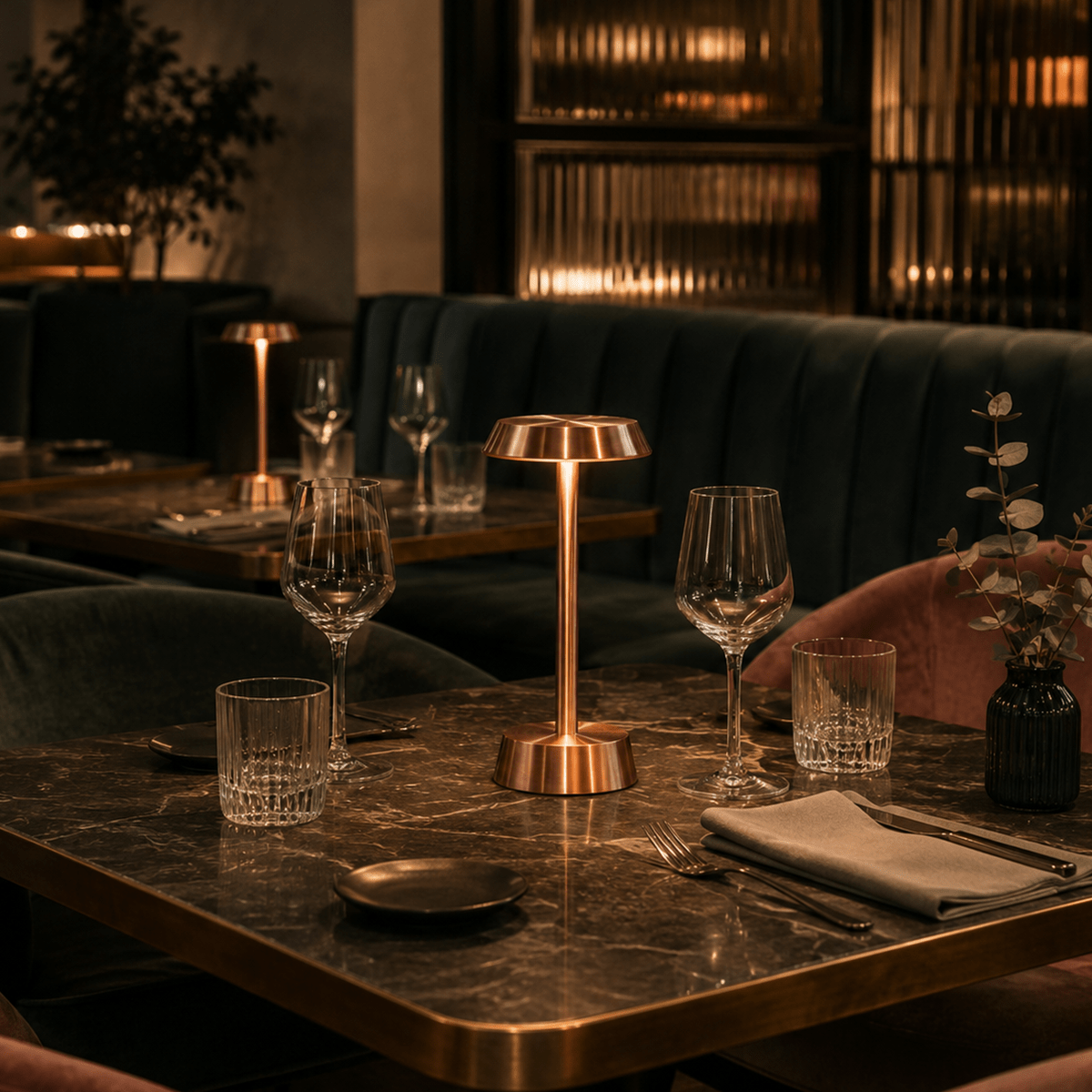 Dining table setting with wine glasses, rechargeable table lamps, and a vase in a dimly lit room.