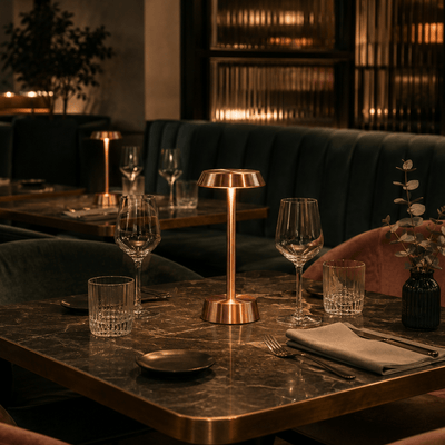 Dining table setting with wine glasses, rechargeable table lamps, and a vase in a dimly lit room.