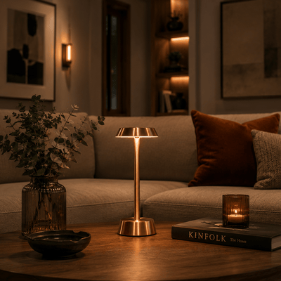 Living room with a rechargeable table lamp, book, and candle on a wooden table.