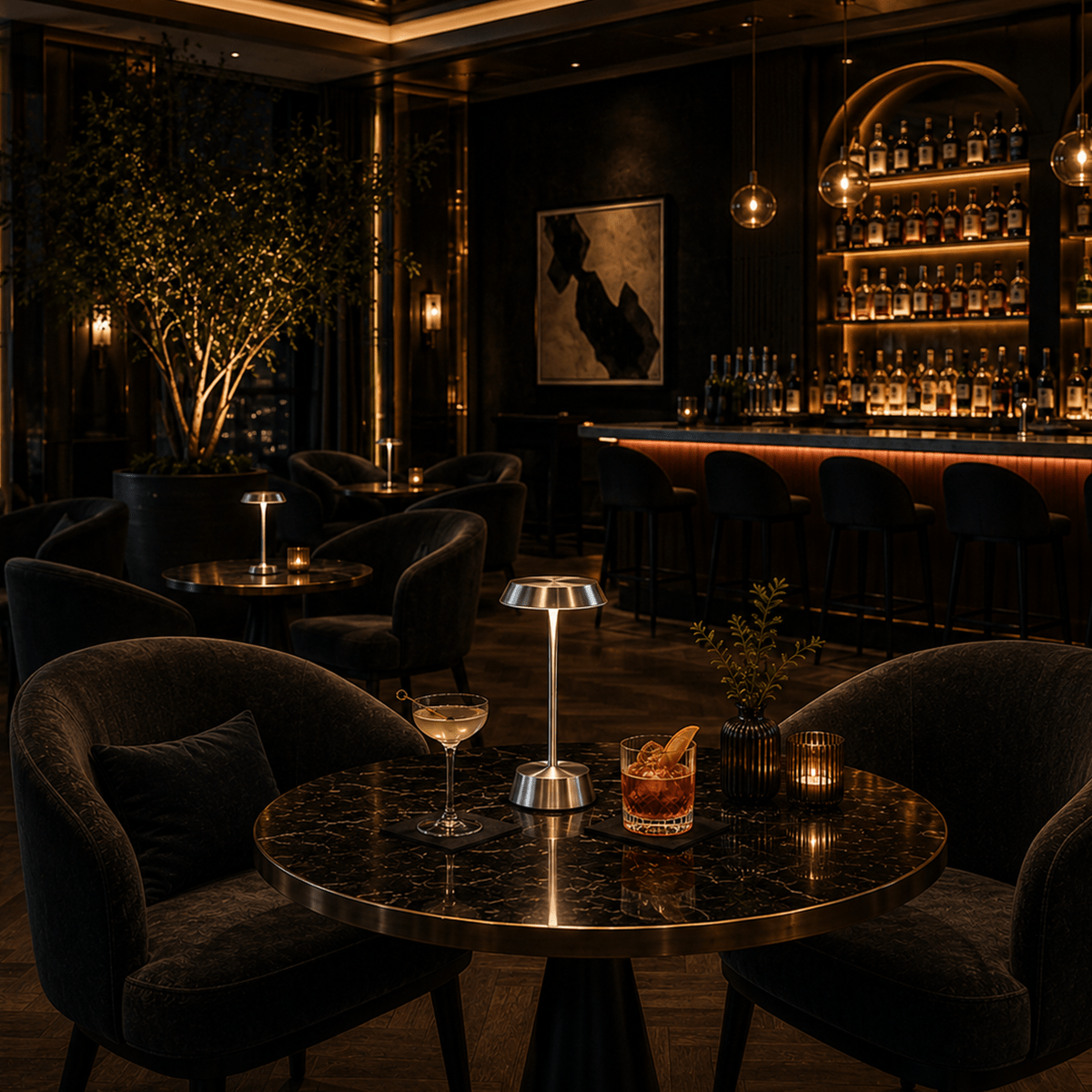 Dark and sophisticated bar interior with round table, rechargeable cordless lamps, chairs, and a well-stocked bar.