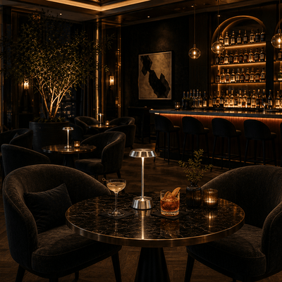 Dark and sophisticated bar interior with round table, rechargeable cordless lamps, chairs, and a well-stocked bar.