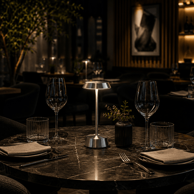 Dining table setting with wine glasses, silver rechargeable lamp, and napkins in a dimly lit restaurant.