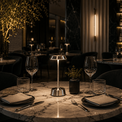 Dining table setting with marble surface,  a silver rechargeable lamp, glasses, and cutlery in a dimly lit restaurant.