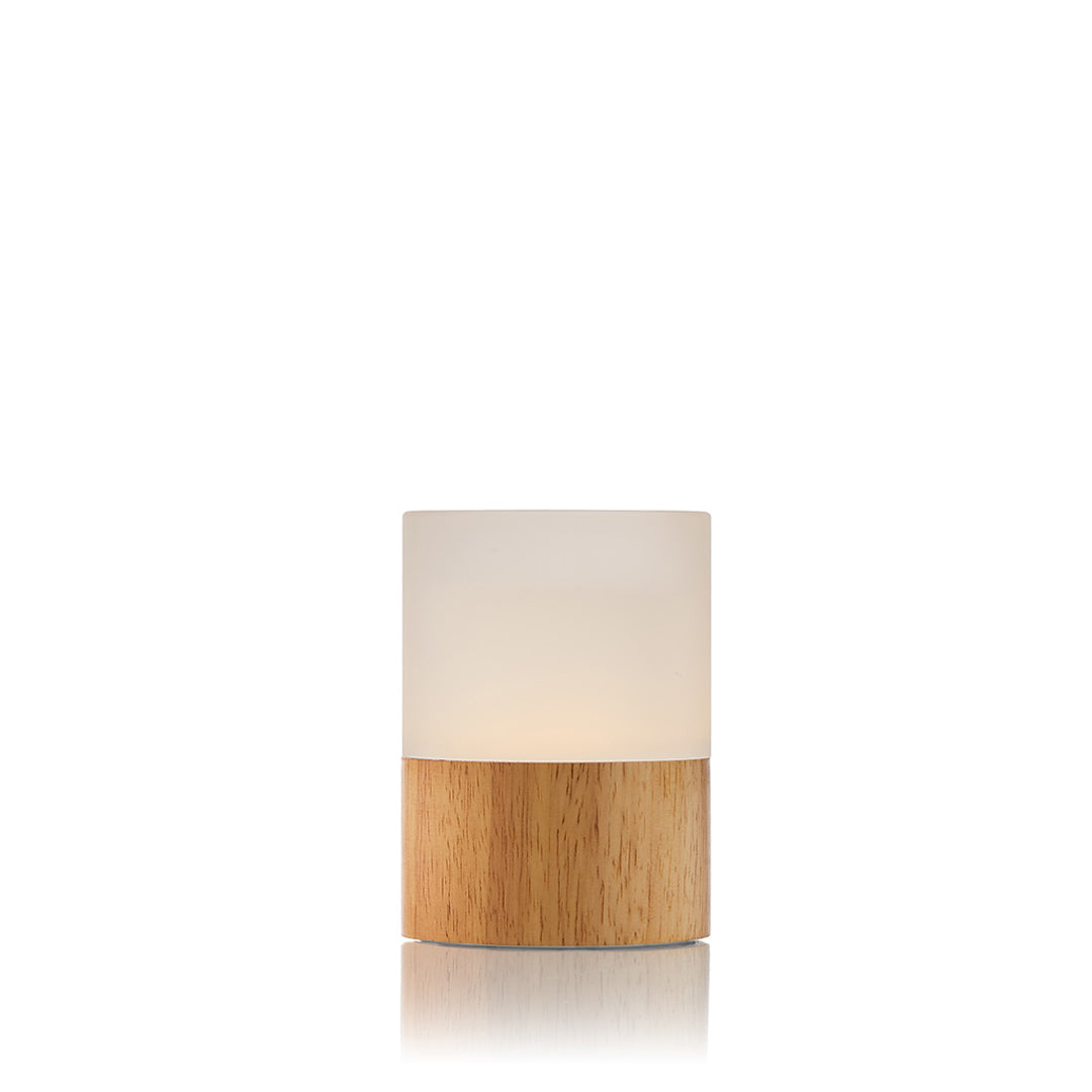 Rechargeable cordless battery operated table lamp with a wood base and acrylic diffuser.